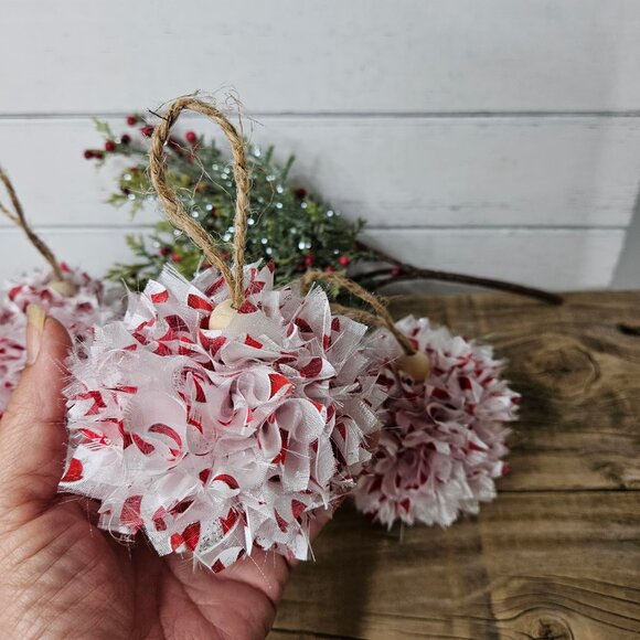 Hand Crafted Boho Shabby Chic Rag Red White Tree Ornaments Set of 3 - Picture 4 of 6